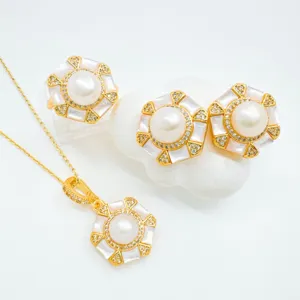 Hexagonal Natural Mother Of Pearl Jewelry Set Copper Gold Silver Plated Rhinestone Pendant Earrings Ring For Women Vintage DIY Jewelry Accessory