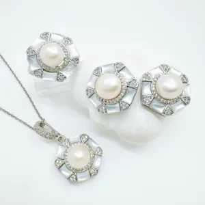 Hexagonal mother of pearl necklace ring earrings jewelry set detailed view for women.