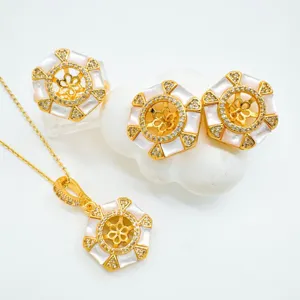 Luxurious hexagonal mother-of-pearl pendant earrings ring jewelry set for women fashion style