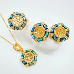Hexagonal natural mother of pearl jewelry set necklace earrings ring elegant fashion accessories.