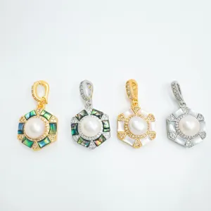 Hexagonal natural mother of pearl pendant charm with pearl and cubic zirconia for diy jewelry making.
