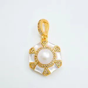 Close-up detail of a luxury hexagon pearl pendant with mother-of-pearl and sparkling zircon stones.
