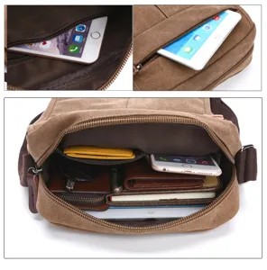 Canvas messenger bag interior pockets capacity detail view for daily travel and outdoor use