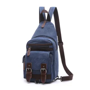 Classic blue canvas sling backpack and casual chest bag for outdoor travel and daily wear.