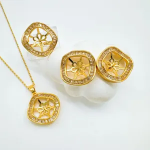 Exquisite 18K gold plated jewelry blank set featuring geometric square floral design, perfect detail.