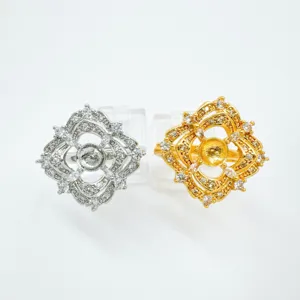 Elegant European vintage style lace floral zircon ring blank set in silver and gold tone.