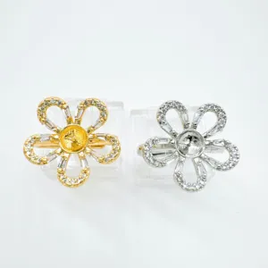 Flower ring blank with cubic zirconia pavé, elegant floral jewelry setting for DIY pearl.