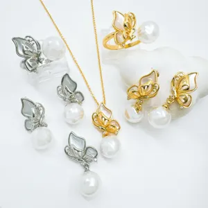 Elegant Copper Gold Plated Butterfly Shell Pendant Earrings Ring Fashion Rhinestone Jewelry Accessories For Women DIY