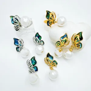 Exquisite butterfly pearl jewelry detail showcasing colorful mother-of-pearl and shiny metal.