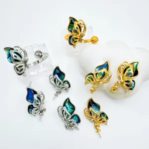 Butterfly jewelry blanks set abalone shell micro pave zirconia ring earring pendant finding