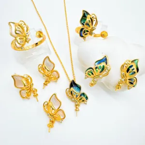 Gold plated butterfly pendant earrings ring jewelry findings blank settings mother of pearl