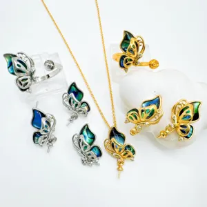 Butterfly mother of pearl jewelry set blank gold silver necklace ring earrings