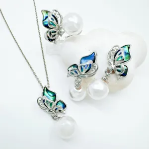 Close-up detail of the elegant butterfly pearl jewelry set featuring shimmering abalone shell.