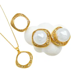 18k gold plated copper pearl jewelry set geometric necklace earrings blank mount elegant