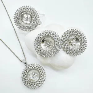 Silver tone rhinestone cluster jewelry findings set pendant ring and earrings DIY blanks.