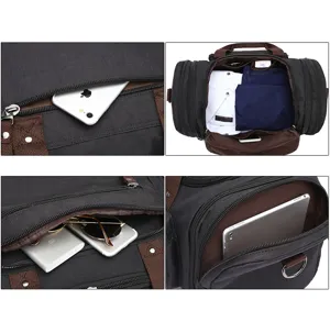 Dettaglio borsa da viaggio in tela con capacità multi-tasche, scomparti con zip e spazio.