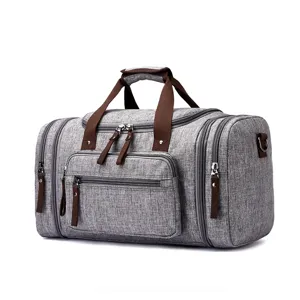 Borsa da viaggio in tela grigia con manici marroni grande capacità borsa sportiva per uomo e donna