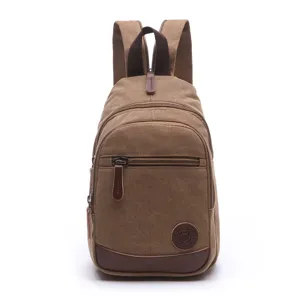 Brown canvas backpack for daily casual travel, multi-pocket canvas daypack for unisex use.