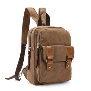 Brown canvas backpack casual multi-pocket travel daypack convertible shoulder bag