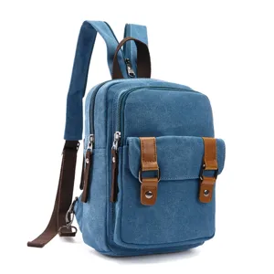 Casual canvas backpack for women men convertible shoulder bag blue travel daypack vintage style
