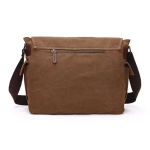 Casual brown canvas messenger bag for men, durable shoulder bag with multi pockets.