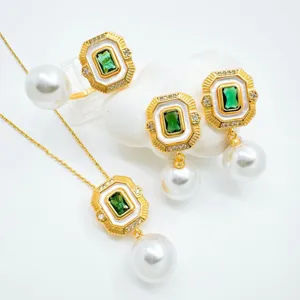 Vintage retro pearl necklace earrings ring set with green rectangular stone elegant jewelry