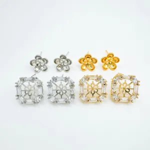 Elegant gold and silver floral geometric crystal stud earrings jewelry accessories.