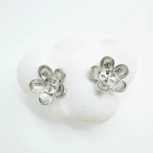 Detailed view of silver plated floral earring findings, delicate flower jewelry making components.