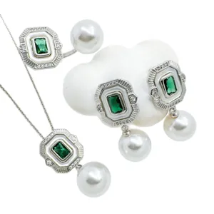 Vintage emerald pearl jewelry set necklace and earrings elegant silver tone gift for women