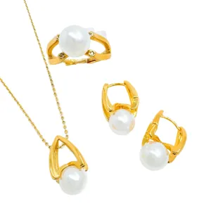 Gold Plated Pearl Jewelry Set Necklace Ring Earrings Niche Design Fashion Accessories