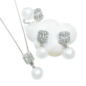 Elegant pearl zircon jewelry set featuring necklace, earrings and ring for women fashion.