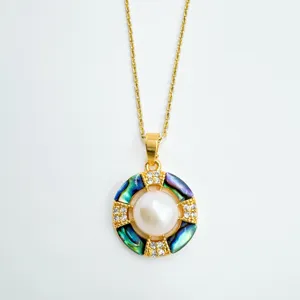 Gold-plated geometric pearl pendant necklace featuring colorful mother-of-pearl and pavé stones.