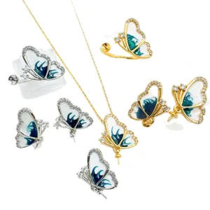 Fashion luxury butterfly jewelry set with enamel rhinestone gold silver plated necklace rings