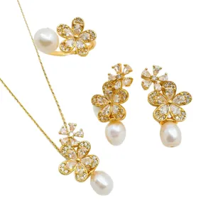 Gold Plated Pearl Flower Jewelry Set Necklace Earrings Ring Fashion Elegant Accessories