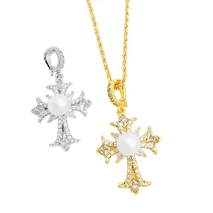 Französische Vintage Zirkonia Kreuz Perle Anhänger Halskette für Damen Schmuck Chic