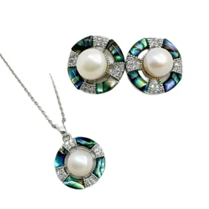 Elegant pearl jewelry set featuring matching necklace pendant and earrings with shell inlay.