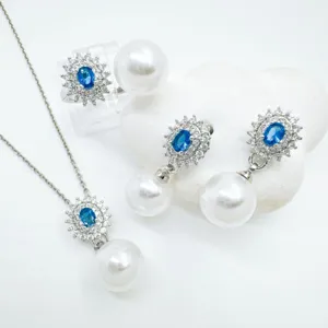 Vintage azul zafiro perla joyería conjunto collar pendientes anillo elegante cobre bañado