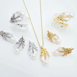 European fashion feather natural mother of pearl stud earrings copper gold plated jewelry set