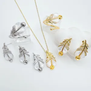 Fashion feather mother of pearl jewelry set gold silver plated ring necklace earrings