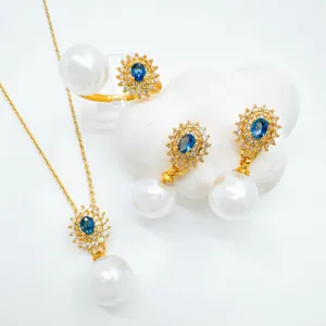 Vintage Piedra Azul Racimo Strass Perla Artificial Colgante Collar Pendientes de Botón Anillo Cobre Chapado en Oro Accesorio Joyería DIY