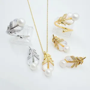 Gold Plated Copper Feather Pendant Necklace Rhinestone Freshwater Pearl Natural Mother of Pearl Earrings Open Ring Jewelry For Women