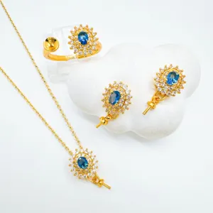 Elegante set de joyería chapada en oro con piedra azul DIY collar anillo pendientes de moda