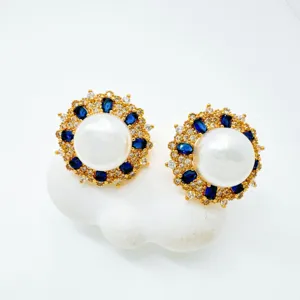 Vintage Perlen Sonnenblumen Ohrstecker mit blauen Edelsteinen und goldener Legierung für DIY.
