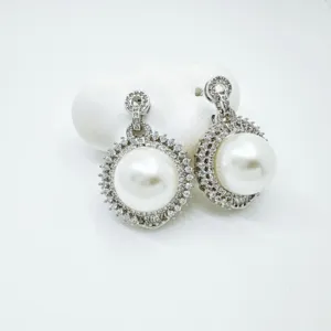 Elegant pearl drop earrings with sparkling cubic zirconia pavé and S925 silver pin for women.
