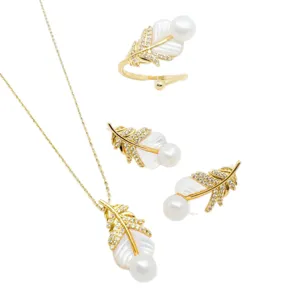 Fashion gold-plated feather pearl necklace earrings ring jewelry set for women elegant daily wear