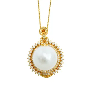 Elegant gold-plated pearl pendant necklace featuring sparkling cubic zirconia halo design