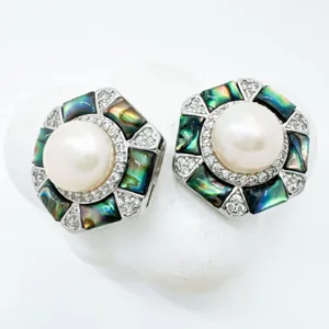 Hexagonal natural mother of pearl pearl earrings, elegant designer DIY jewelry accessories.