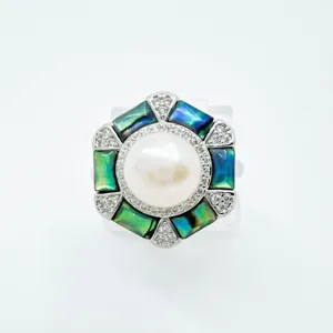Exquisite hexagonal mother of pearl pearl ring detailed shot, elegant geometric design for women.