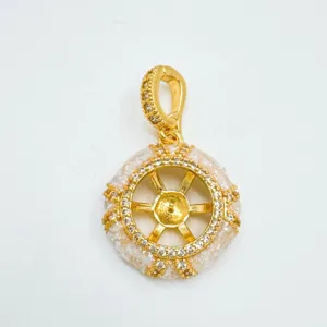 Gold tone wheel pendant mounting detail, geometric DIY jewelry charm setting for necklace.