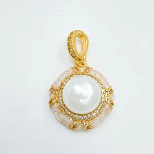 Gold-plated pearl pendant charm with sparkling rhinestones and vintage texture design.